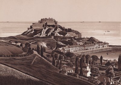 Jersey, Chanelöarna: Mount Orgueil Castle och Gorey Harbour (litografi) av English School