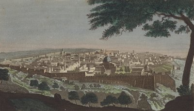 Jerusalem från Josofats dal (färgad gravyr) av English School