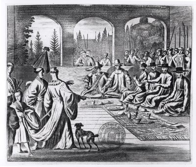 Jesuiter med holländska och portugisiska köpmän vid den japanska kejsarens hov, illustration från A Memorable Embassy to the Emperor of Japan av Arnold Montanus, publicerad i London 1670 av English School