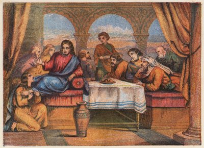 Jesus Kristus med sina lärjungar och Maria Magdalena (färglitografi) av English School