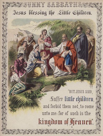 Jesus välsignar de små barnen (färgad gravyr) av English School