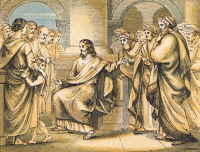 Jesus tillrättavisar de skriftlärda och fariséerna (färgad gravyr) av English School