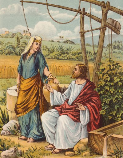 Jesus samtalar med kvinnan från Samaria (färglitografi) av English School