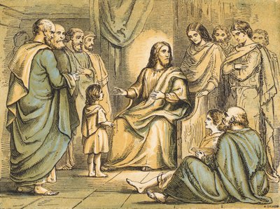 Jesus undervisar sina lärjungar (färgad gravyr) av English School