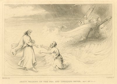 Jesus går på havet och upprätthåller Petrus, Matteus XIV, 24-33 (gravyr) av English School