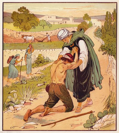 Jesu liknelser: Den förlorade sonens återkomst (färg litho) av English School