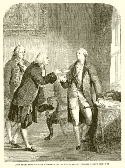 John Adams, första amerikanska ambassadören vid det engelska hovet, presenterade för kung George III av English School