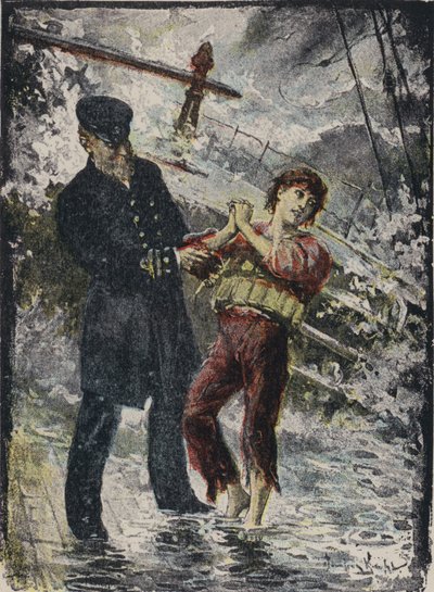 John Alexander Strachan, kapten på ångfartyget Cyprian, gav sin flytväst till en ung fripassagerare innan fartyget förliste i en storm utanför den walesiska kusten 1881 (färg litho) av English School