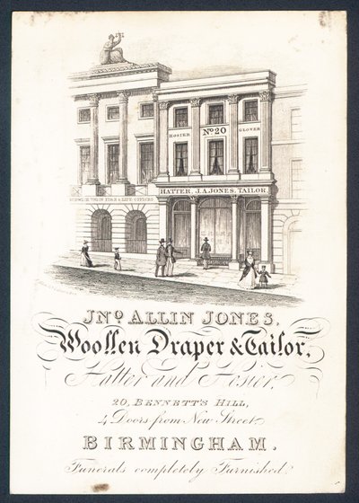 John Allin Jones, ylledraper och skräddare, hattmakare och strumpor, handelskort av English School