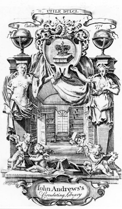 John Andrewss Circulating Library bokmärke av Joseph Shepperd, publicerad i Calcutta, 1774 av English School