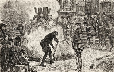 John Bland, John Frankesh, Nicholas Sheterden och Humphrey Middleton brändes levande för kätteri på 1500-talet, ca 1865 (trästick) av English School