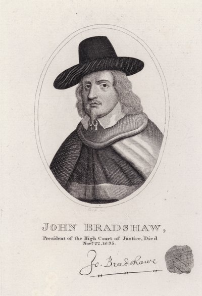John Bradshaw, engelsk domare som var president för High Court of Justice för rättegången mot kung Charles I 1649 (gravyr) av English School
