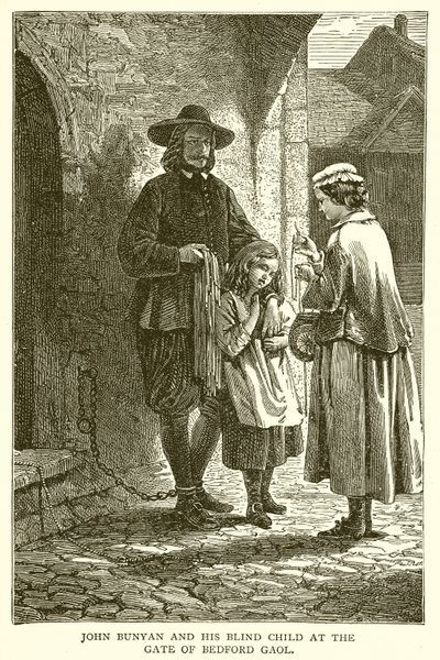 John Bunyan och hans blinda barn vid Gate of Bedford Gaol av English School