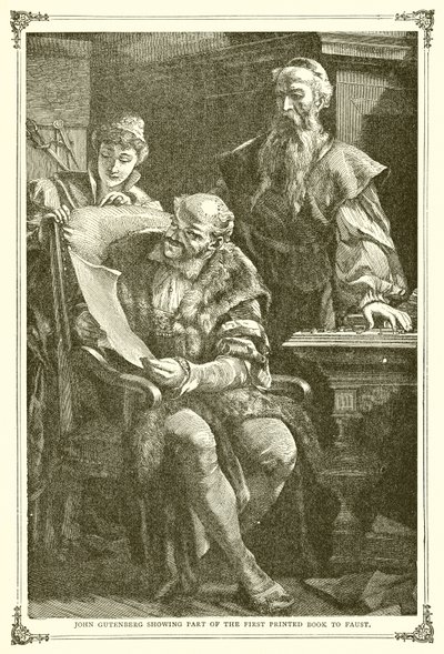 John Gutenberg visar en del av den första tryckta boken till Faust av English School