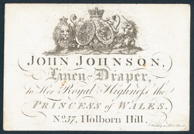 John Johnson, linneduk, handelskort av English School