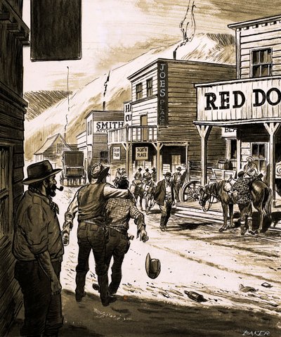 John Sutter upptäckte guld i Sacramento Valley och började den stora guldrushen i Kalifornien 1847 (gouache på papper) av English School