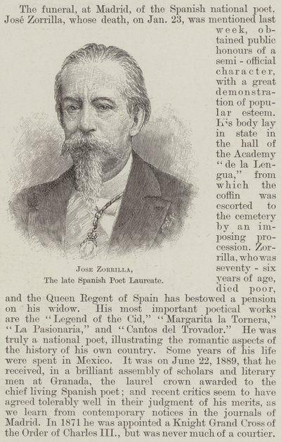 Jose Zorrilla, den avlidne spanska poetpristagaren (gravyr) av English School