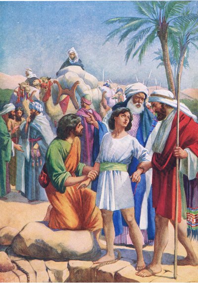 Joseph såldes av sina bröder, från The Bible Picture Book utgiven av Thomas Nelson, ca 1950 av English School