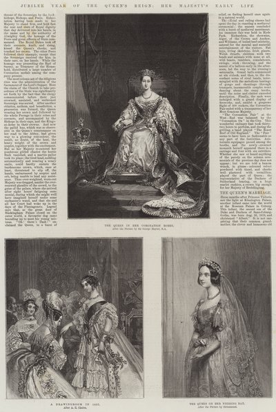 Jubileumsåret för drottningens regeringstid, hennes majestäts tidiga liv (gravyr) av English School