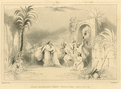 Judas förråder Kristus med en kyss, Matteus XXVI, 49 (gravyr) av English School
