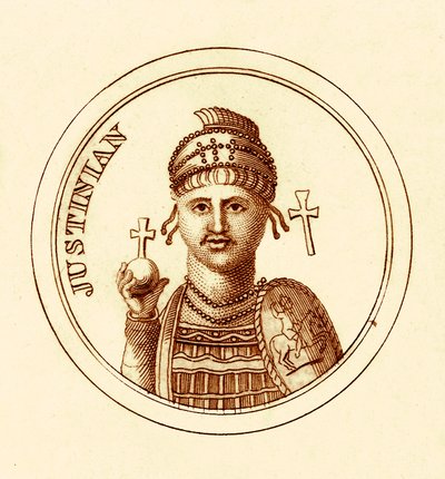 Justinian, illustration från The Universal Historical Dictionary av George Crabb, publicerad 1825 (digitalt förbättrad bild) av English School