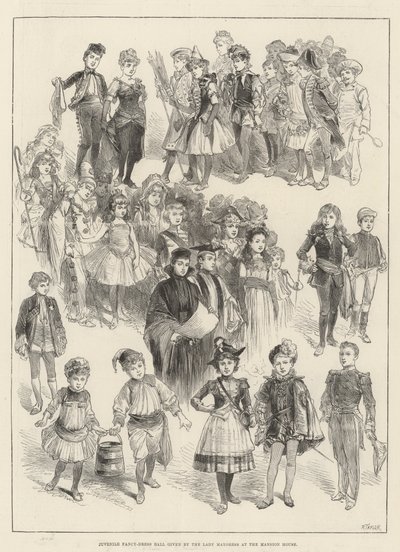 Juvenile Fancy-Dress Ball ges av Lady Mayoress i Mansion House (gravyr) av English School