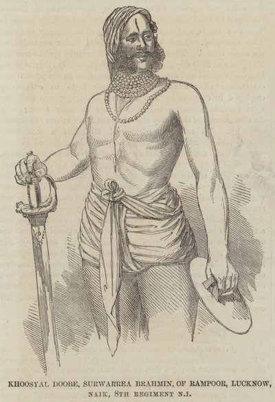 Khoosyal Doobe, Surwarrea Brahmin, från Rampoor, Lucknow, Naik, 8:e regementet inhemskt infanteri (gravyr) av English School