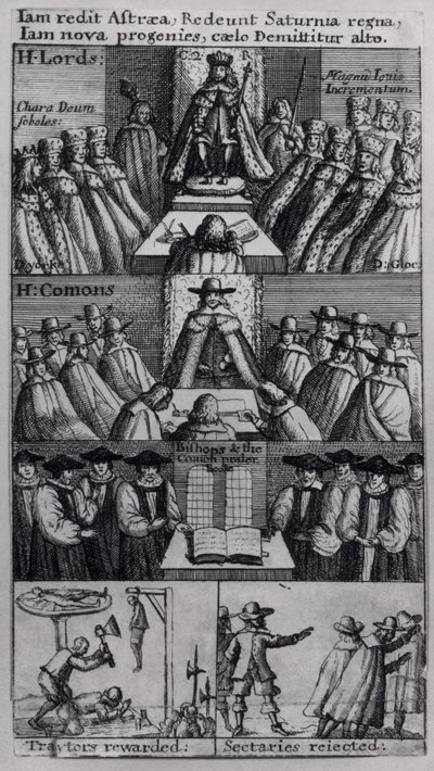 Kong Charles II (1630-85) med parlamentets huse, 1660 swed av English School