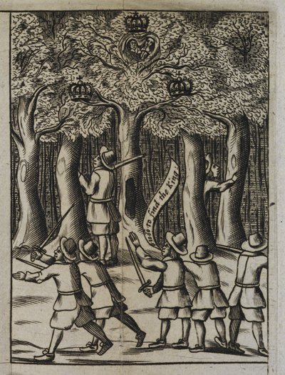 Kung Charles II gömmer sig i Boscobel Woods, från "The History of his Sacred Majestys most Wonderfull Preservation, after the Battle of Worcester" av English School