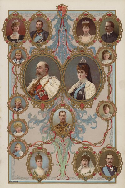 Kung Edward VII, drottning Alexandra och deras barn och barnbarn (färg litho) av English School