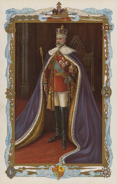 Kung Edward VII i kröningsdräkt (färglitografi) av English School