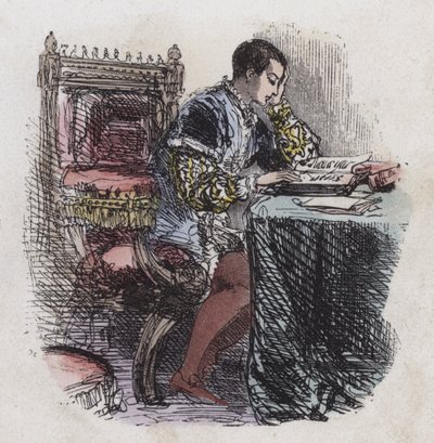 Kung Edward VI läsning (färgad gravyr) av English School