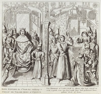 Kung Edward den 3:e skickar sin utmaning till Philip de Valois, kung av Frankrike, biskopen av Lincoln och andra, som hade lovat att bära ett plåster över ena ögat, tills de hade utfört en galant handling av A av English School