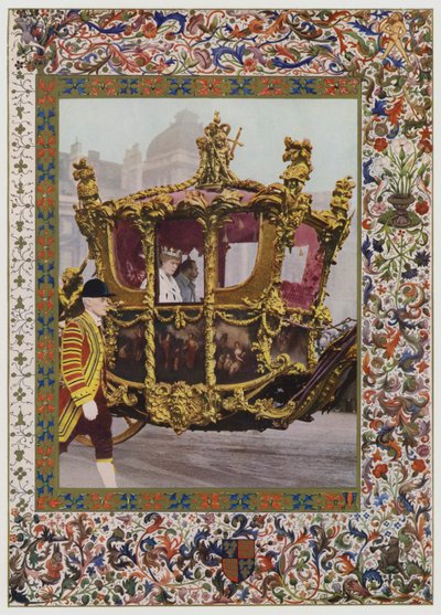 Kung George V och drottning Mary åker i statens buss (färg litho) av English School