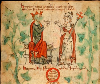 Kung Henrik II satt på tronen och argumenterade med Thomas Becket, illustration från 