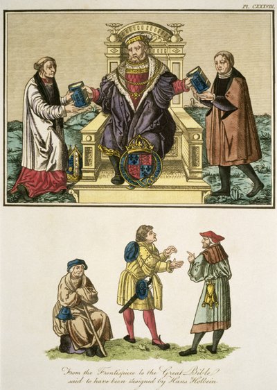 Kung Henrik VIII (1491-1547) från framsidan till den stora bibeln som sägs ha designats av Hans Holbein (14978-1543) illustration från The Complete View of the Dress and Habits of the People o av English School