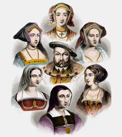 Kung Henrik VIII av England och hans sex fruar, ca 1890 (litho med senare färg) av English School