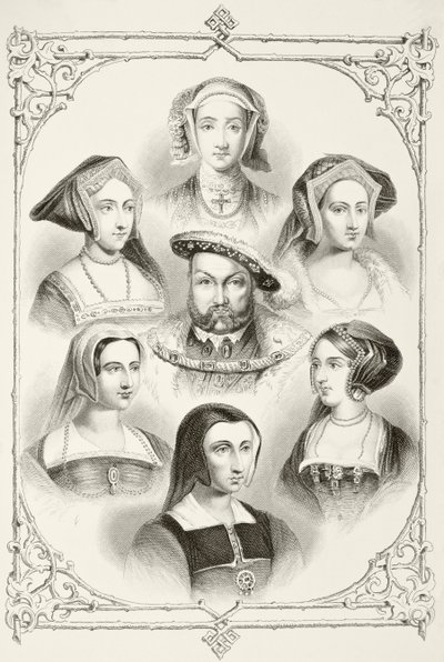 Kung Henry VIII av England och hans sex fruar, från "The National and Domestic History of England" av William Hickman Smith Aubrey (1858-1916) publicerad i London, ca 1890 av English School