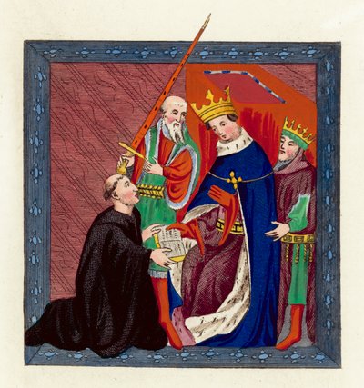 Kung Henry VI och John Lydgate (färgad gravyr) av English School
