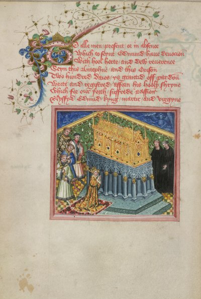 Kung Henrik VI besöker helgedomen St. Edmund, illustration från de heliga Edmunds och Fremunds liv av English School