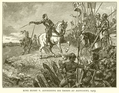 Kung Henrik V talar till sina trupper i Agincourt, 1415 av English School