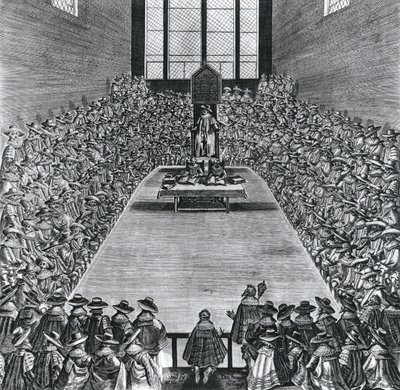 Kung James I (1566-1625) i parlamentets hus, 1624 av English School