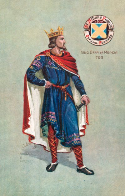Kung Offa av Mercia 793, St Albans festspel 1907 (färg litho) av English School