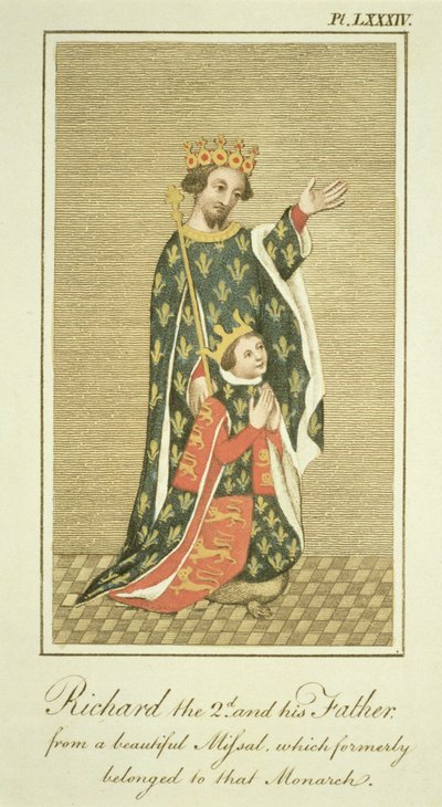 Kung Richard II (1367-1400) med sin far Edward (1330-76) den svarte prinsen, illustration från The Complete View of the Dress and Habits of the People of England Volym II, publicerad 1799 (färgad av English School