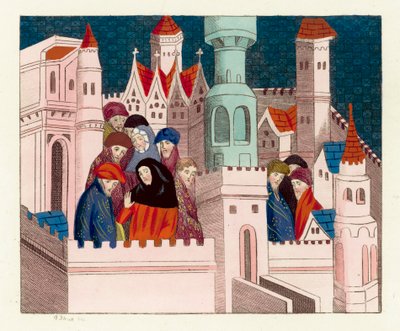 Kung Richard II med sina vänner på Conway (färgad gravyr) av English School