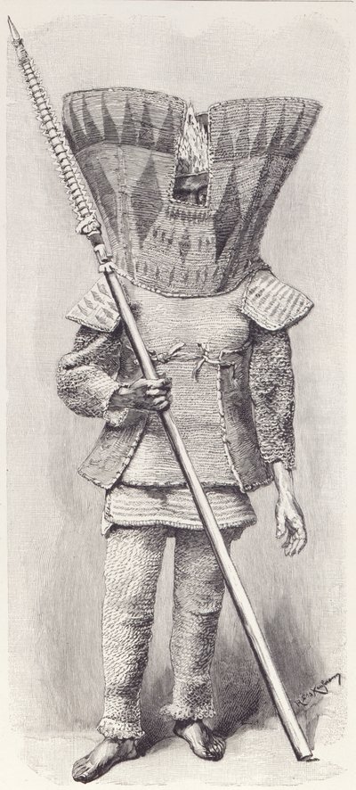 Kingsmill Islander i full rustning, från The History of Mankind, Vol.1, av Prof, Friedrich Ratzel, 1896 av English School
