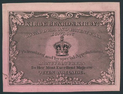 Kirby, Beard and Kirby, Royal Diamond Patent Pins, trade card av English School