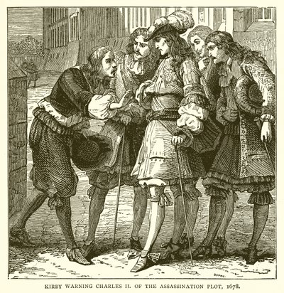 Kirby varnar Charles II för mordplanen, 1678 av English School
