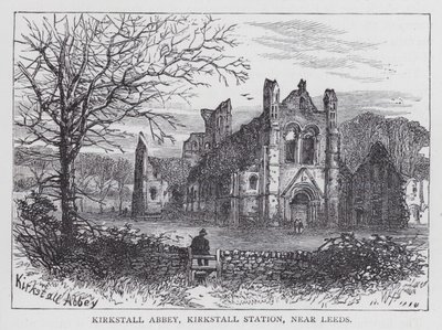 Kirkstall Abbey, Kirkstall Station, nära Leeds (gravyr) av English School