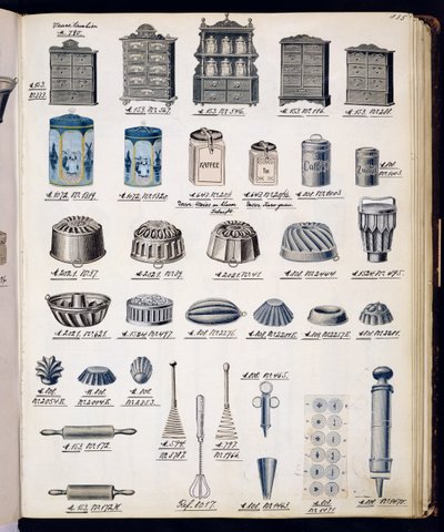 Köksförvaring och redskap från en handelskatalog över hushållsartiklar och inredning, ca 1890-1910 av English School